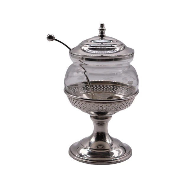 RARE Elgin Silversmith Co. Sterling Silver & Etched Glass Mustard Pot W/ Spoon