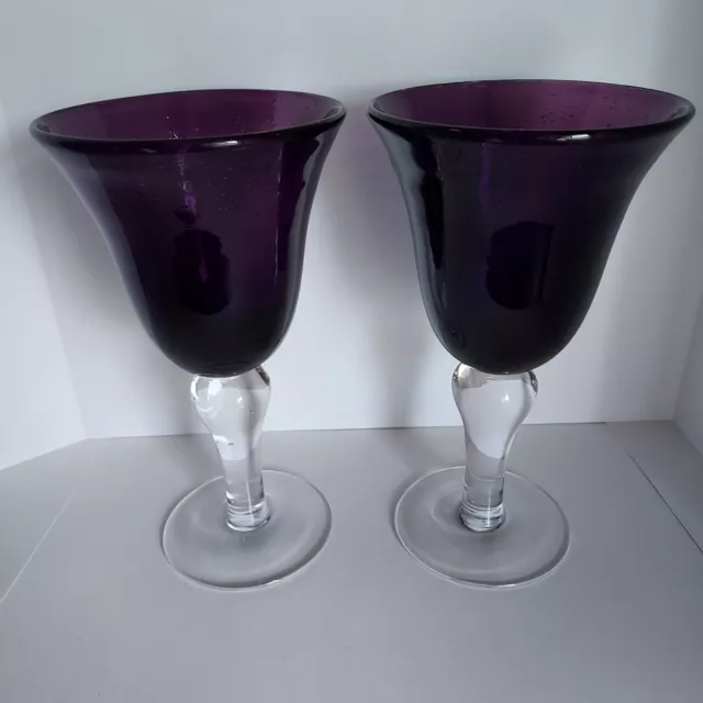 Set of 2 ARTLAND IRIS PLUM 8" Water Goblets Wine Glasses Purple Bubble Amethyst