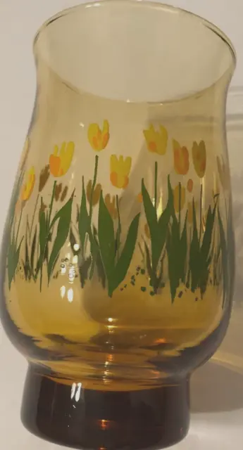 LIBBEY Yellow Tulips Amber Flowers Green Vintage Smoke Juice Tall Glasses 3"