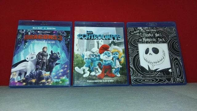 LOT DE 3 Blu ray enfants: Dragons 3, Les Schtroumpfs, L'étrange noel de
