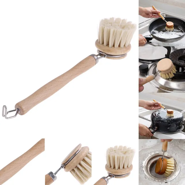 1pc  Household Wooden Long Handle Pan Pot Brush Dish Bowl Washing Cleaning Br-wf
