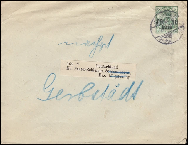 Deutsche Post Jerusalem um 1905 auf Umschlag 4 nach Schwanebeck bei Magdeburg