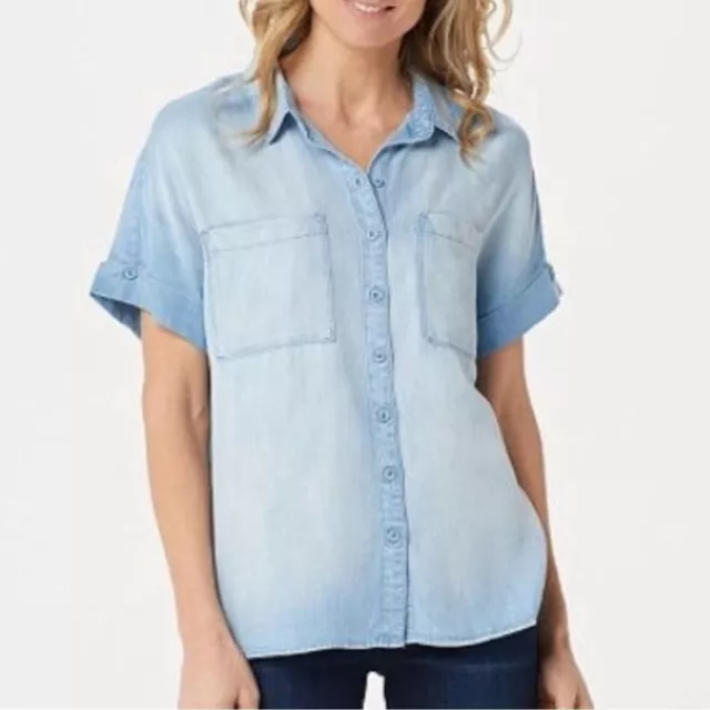 Side Stitch Tencera Button Front Short Sleeve Blouse Chambray Blue Medium