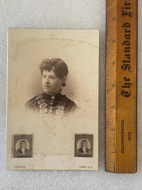 1880’s Cabinet Card Photo Of Lady & Two Eastman College Stamp Portraits New York