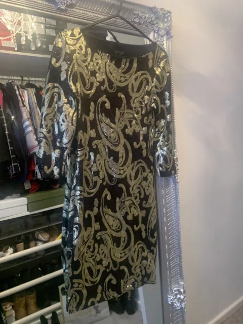 Ladies Topshop Black/ Gold Sequin Dress Size 10