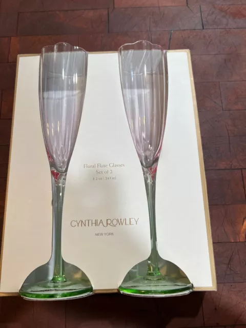 Cynthia Rowley New York Set Of 2 Floral Flute Glasses Wine Champagne