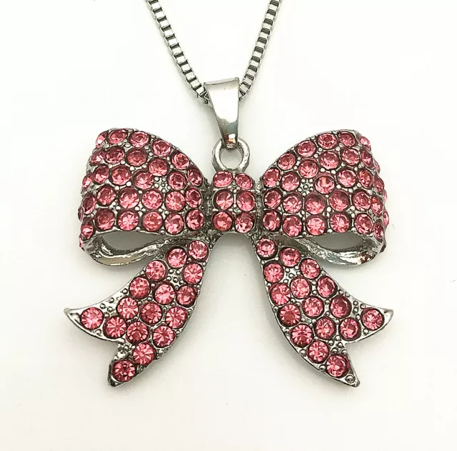 Betsey Johnson Pink Crystal Rhinestone Bowknot Pendant Sweater Necklace