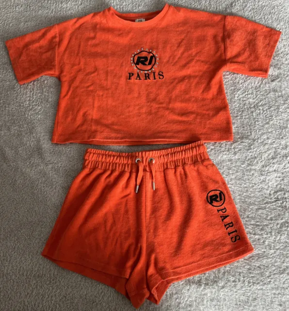 River Island Girls Orange Towelling Top & Shorts Outfit Set Age 11-12 Years VGC