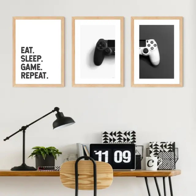 Set of 3 Black & White Gaming Eat Sleep Game Repeat Wall Art, Home Decor