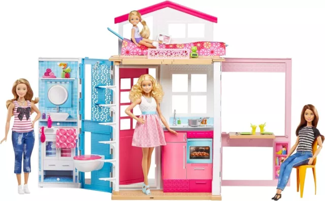 Barbie GXC00 - 2-Etagen Ferienhaus und Puppe, zusammenklappbar, mit Tragegriff