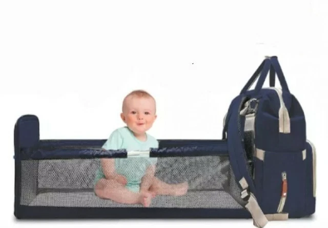 3 in 1 Baby Diaper Bag Backpack Foldable Crib w Changing Pad USB Port Waterproof 3