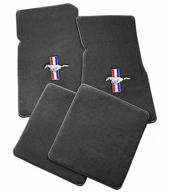 1979-93 Ford Mustang; 4-Piece Heavy Plush Floor Mat Set; Gray; With Tri-Bar Logo
