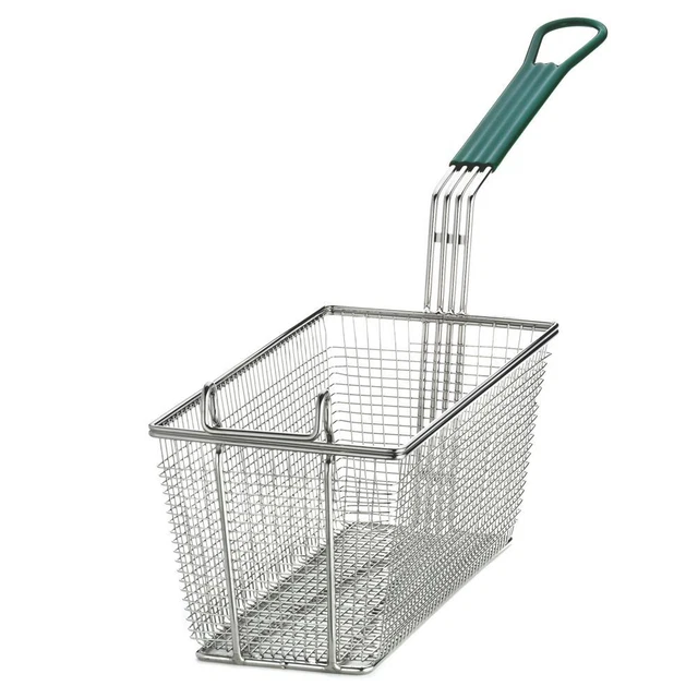 TableCraft 42 13-3/8 x 6-1/2" Mesh Fry Basket with Green Handle