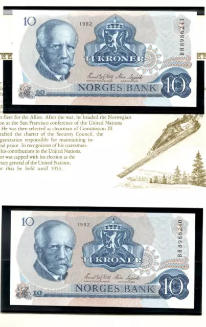 Norway 10 kroner P-36c.5 1982 UNC with UN FDI FLAG STAMP 2 CONSECUTIVE 8986240,1