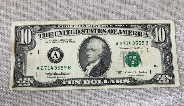 1995 (B) $10 Ten Dollar Bill Federal Reserve Note New York Vintage Old Currency