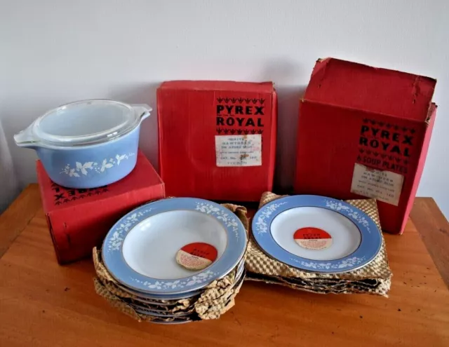 Vintage JAJ Pyrex Blue Hawthorn plates, dishes & Casserole - new - sold Sep 3