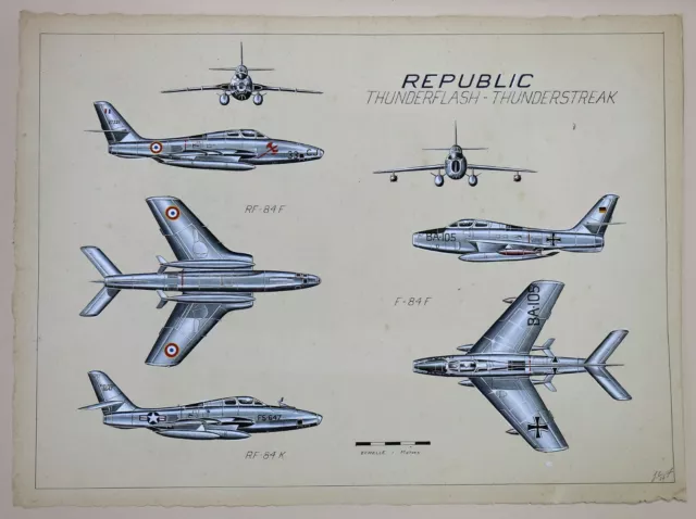 Jean CUNY (1925-1992)  Republic ThunderFlash Avion de combat gouache Fontvieille