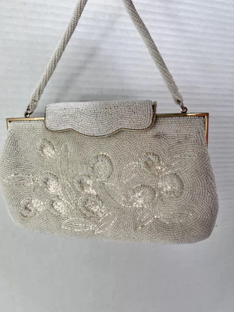 Vintage Micro Beaded Handbag Off White Bone Color 1940s 1950s Purse Japan
