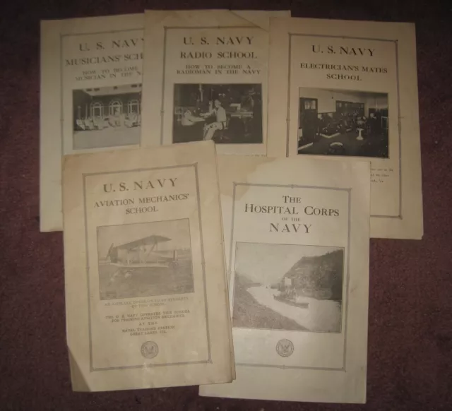 5x c. 1932 U.S. NAVY Schools Recruitment Brochures Music Aviation Mechanic Radio