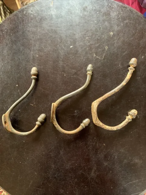 Reclaimed cast iron double acorn tipped coat hooks x 3