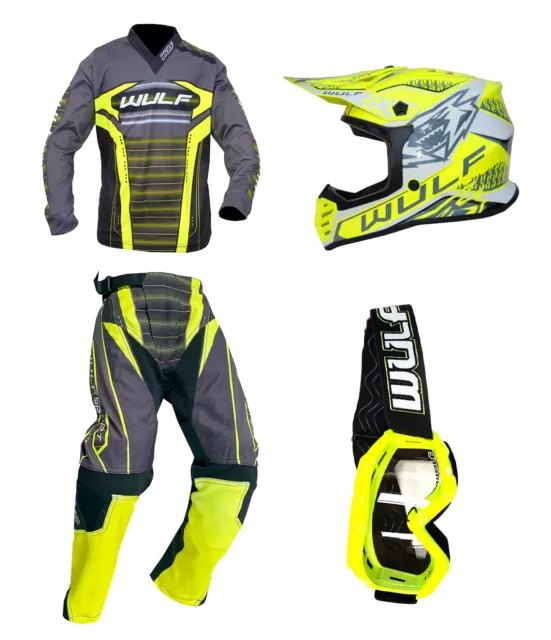 Kids MX Wulfsport 2024 CORSAIR Motocross Shirt Pant Helmet Goggle Yellow Set #5