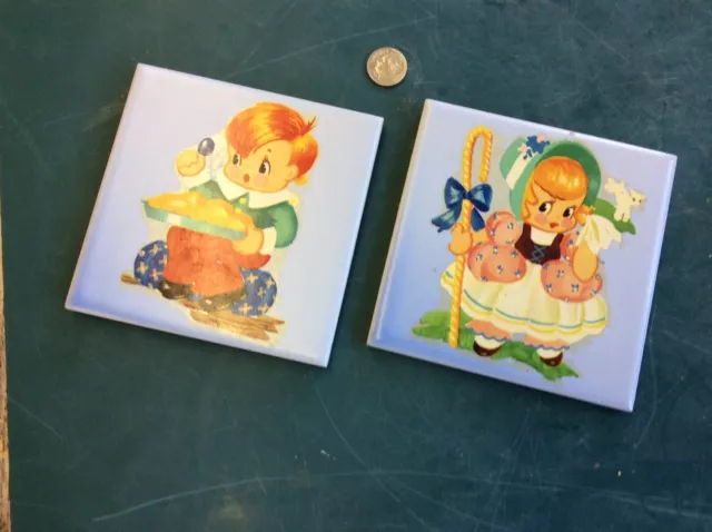 2 Vintage 4-1/4” Square Soft Blue Nursery Rhyme Tiles