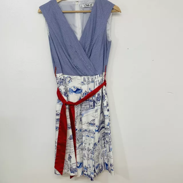 Chetta B Womans Dress Size 2 Paris Novelty Print Pleated Blue White Sleeveless