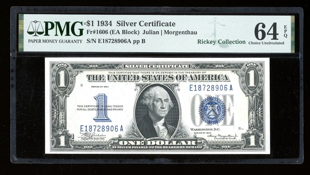 DBR 1934 $1 Silver Funnyback Fr. 1606 EA Block PMG 64 EPQ Serial E18728906A