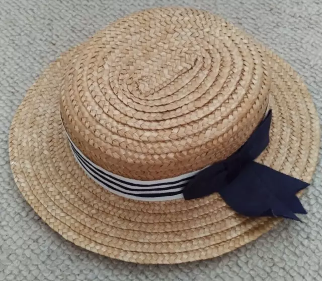 Laura Ashley Vintage Childs Straw Hat Navy/Cream Ribbon - Wedding/Occasion