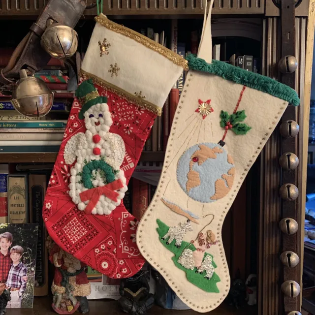 1950s Handmade Felt Christmas Stocking Sequins Glitter Train Angel Kitten  HARRY