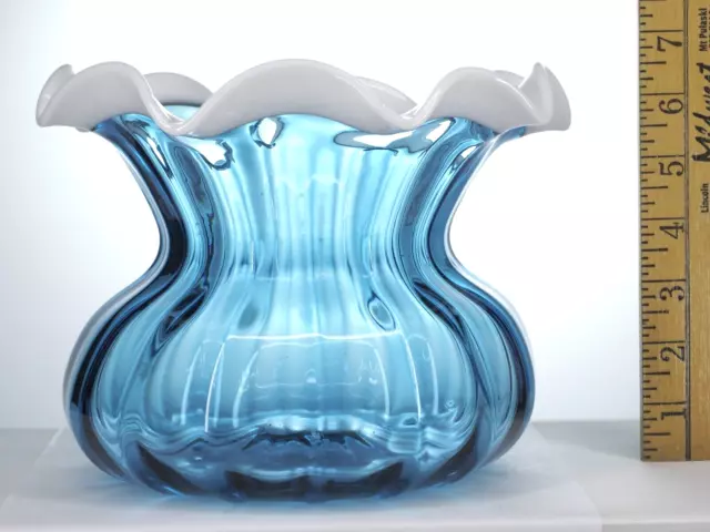 Hand blown Victorian blue glass vase, milk glass ruffled rim, pontil marked base