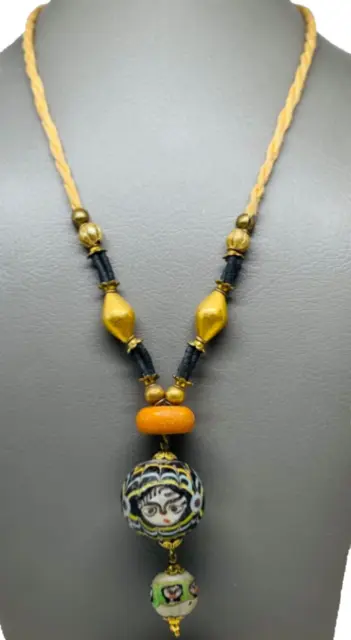 ancient necklace with gold beads , amber, old face gabri beads