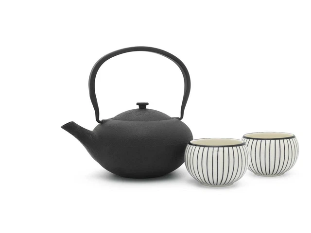 Teeset Shanxi Gusseisen Teekanne 1 L schwarz 2 Teebecher Porzellan