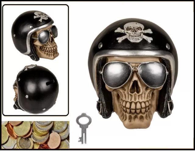 Hucha Calavera Motoradhelm + Gafas de Sol Negro Decoración Cerdito Hucha