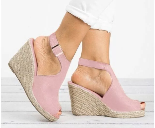 Women's Wedge Heel Light Pink  Peep Toe Platform Espadrille Sandals Size 6-9