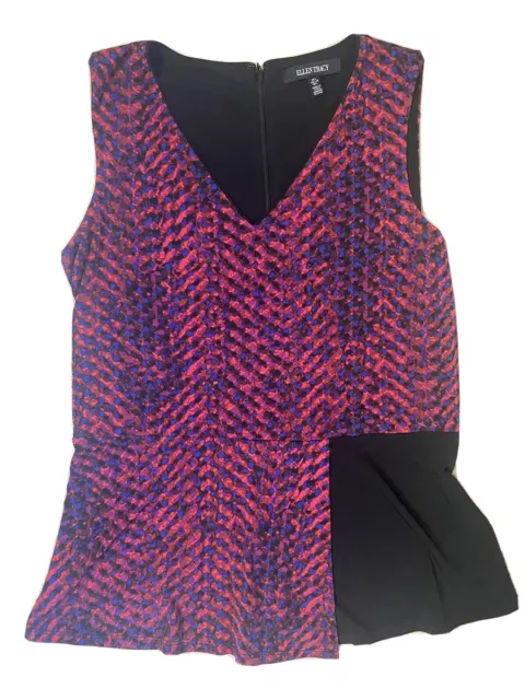 ELLEN TRACY Sleeveless V-Neck Peplum Blouse Sz Large Vibrant Red Purple & Black