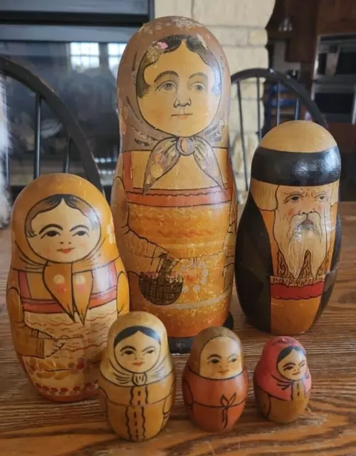 Antique Set of Russian Carved Wood Wooden Nesting Doll Dolls