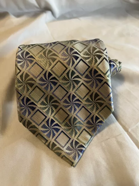 Pierre Cardin Green/Blue Geometric All Silk Tie Necktie Made in USA 58"x4"