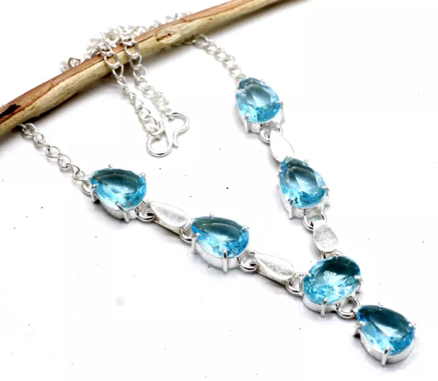 925 Sterling Silver Swiss Blue Topaz Gemstone Jewelry Necklace Size-17-18"