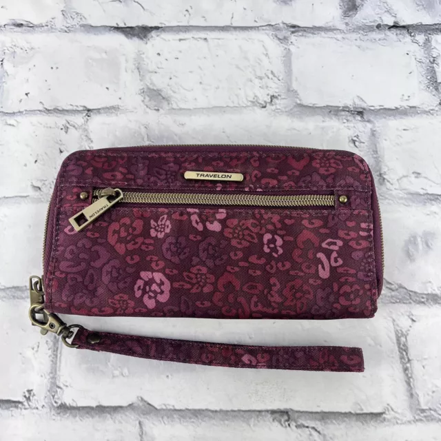 Travelon Wristlet Zip Around Maroon Floral Safe ID RFID Blocking Wallet Clutch