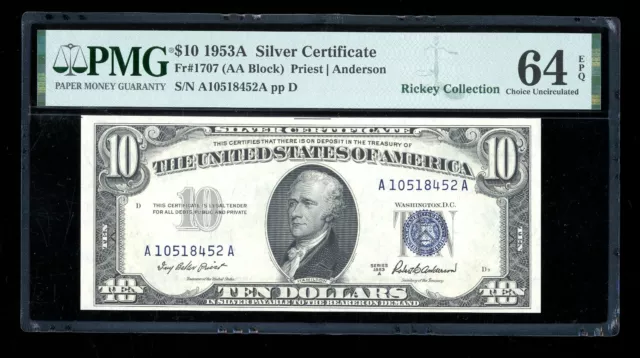 DBR 1953-A $10 Silver Fr. 1707 PMG 64 EPQ Serial A10518452A
