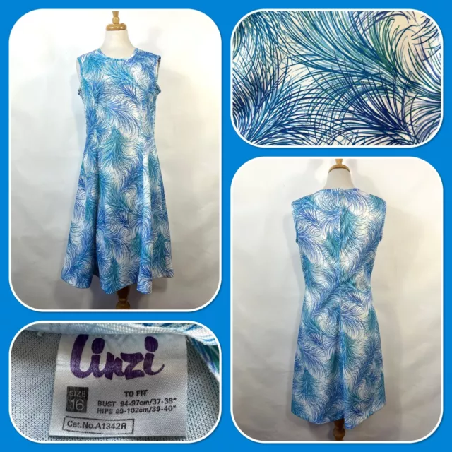 Vintage 60s 70s Linzi Blue White Patterned Sleeveless Polyester Dress Size 12 14