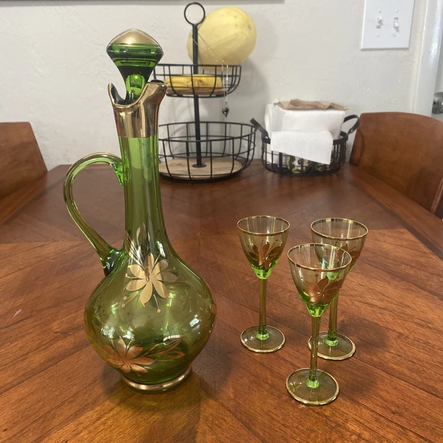 1950s handpainted 24 karat gold Romanian Green Glass decanter W/ 3 Glasses