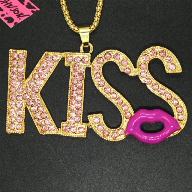 Pink Bling Cute KISS Lipstick Crystal Betsy Johnson Pendant Chain Necklace Gift