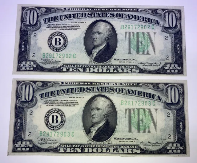 1934 ($10) Ten Dollar  Green Seal Consecutive Set Of (2) Two Notes