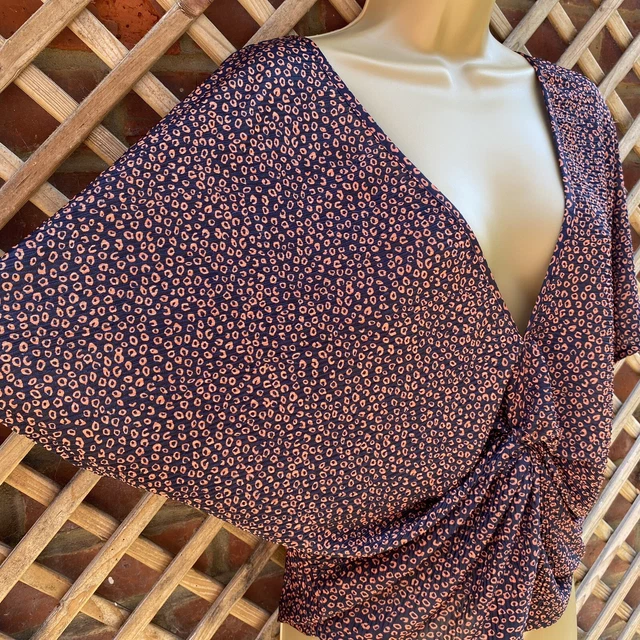 M&S Top 10 Black Brown Rouched Crepe Batwing Floaty Satin V-Neck Day Evening