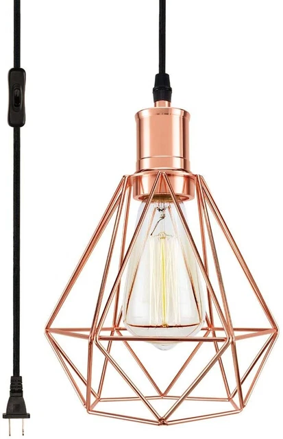 Pendant Light Diamond Shape Plug in Hanging Ceiling Lamp Metal Cage Dining Room