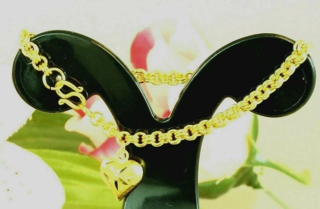 22K Thai Baht Dp Gold ~ Heart Charm Dangle Link Girl Small Bracelet Baby Anklet