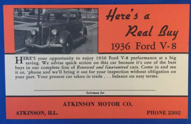 1936 FORD V-8 Atkinson Motor Co. Ill Advertising Sales Postcard Vintage