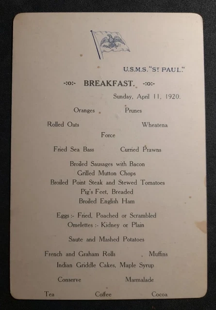 1920 American Line USMS St.Paul Breakfast Menu